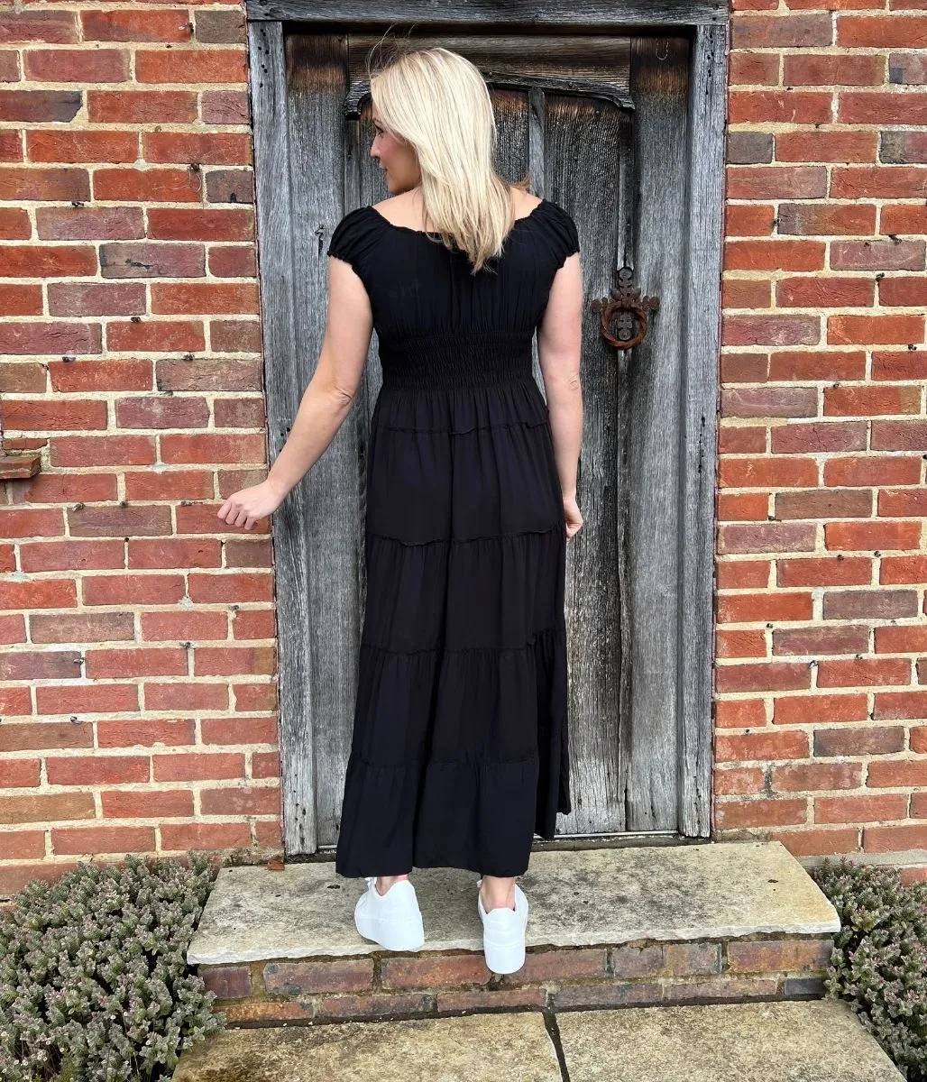 Black Tiered Shirred Midi Dress