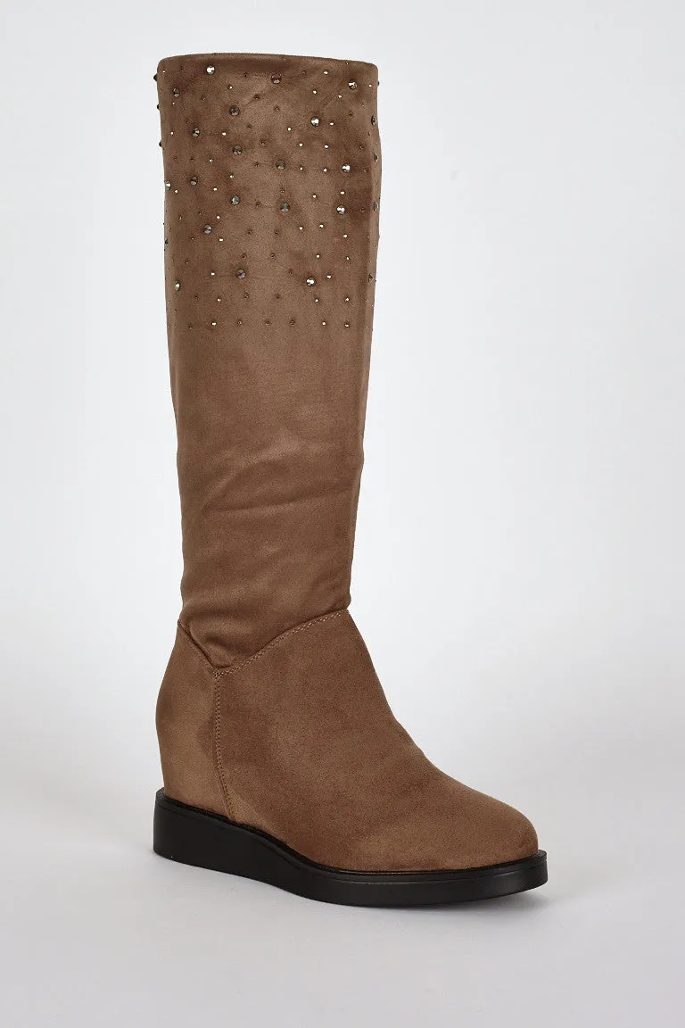 Brown Suedette Diamante Detail Hidden Wedge Boots