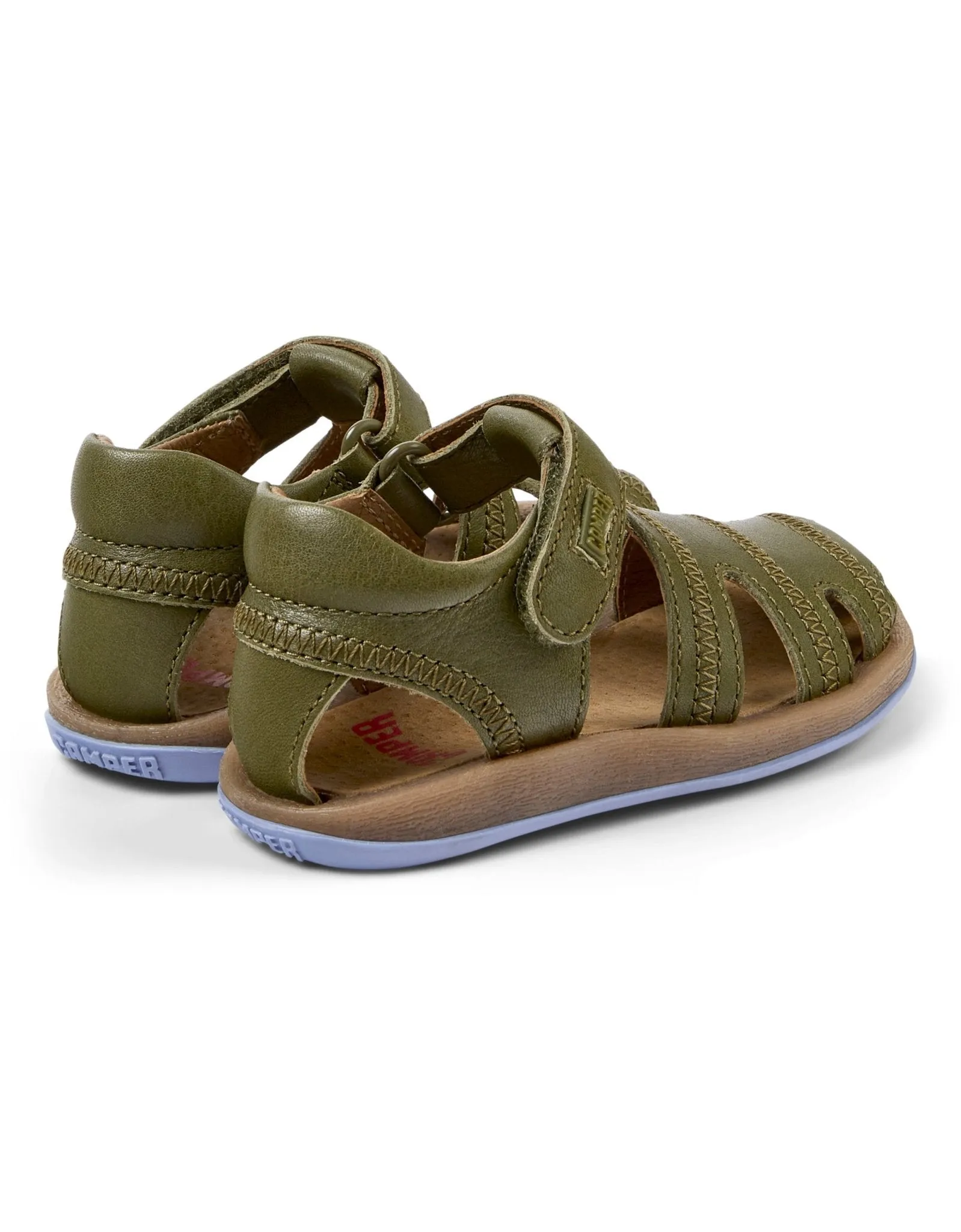 Camper: Bicho Kids Velcro Closed Toe Sandals - Green Leather