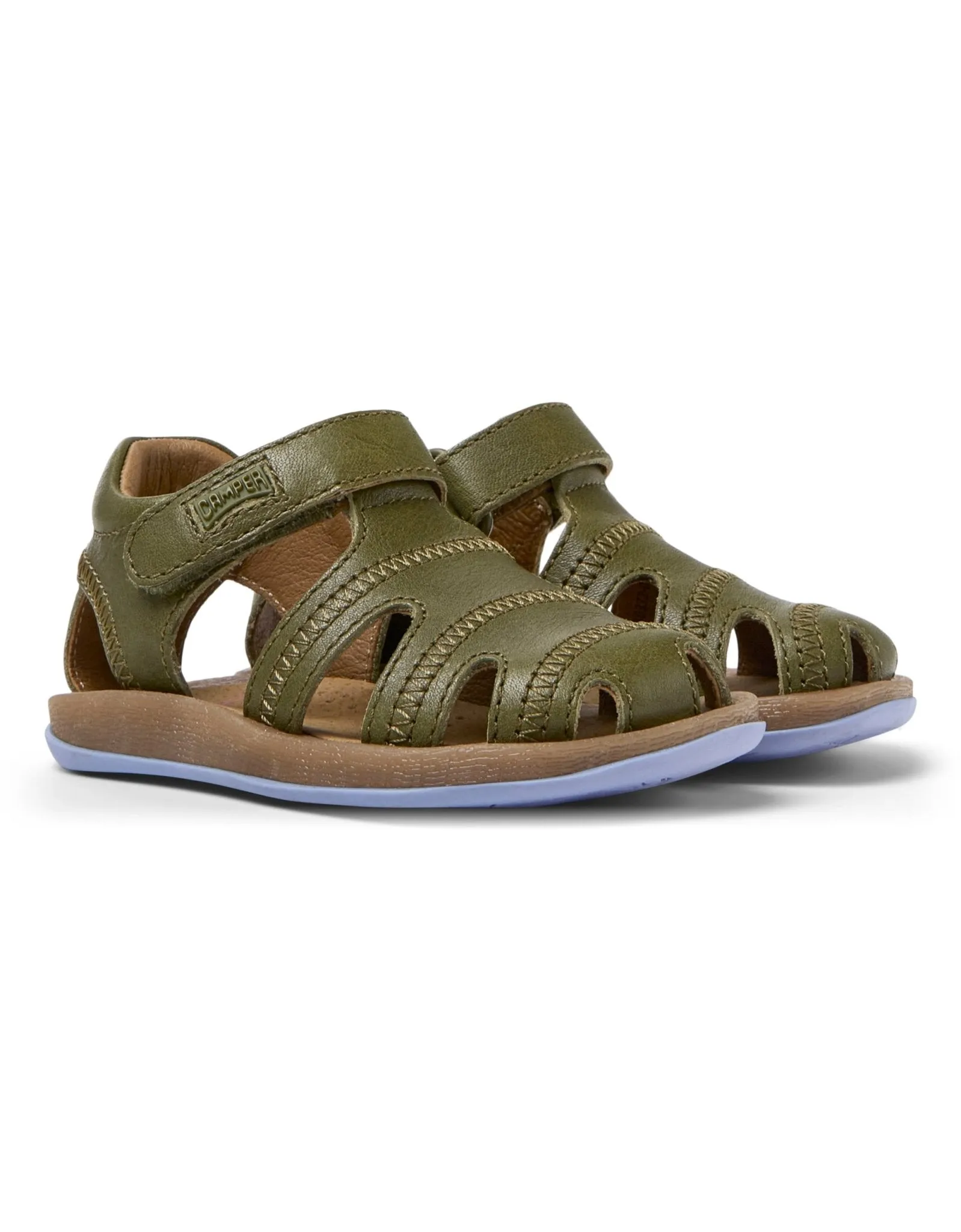 Camper: Bicho Kids Velcro Closed Toe Sandals - Green Leather