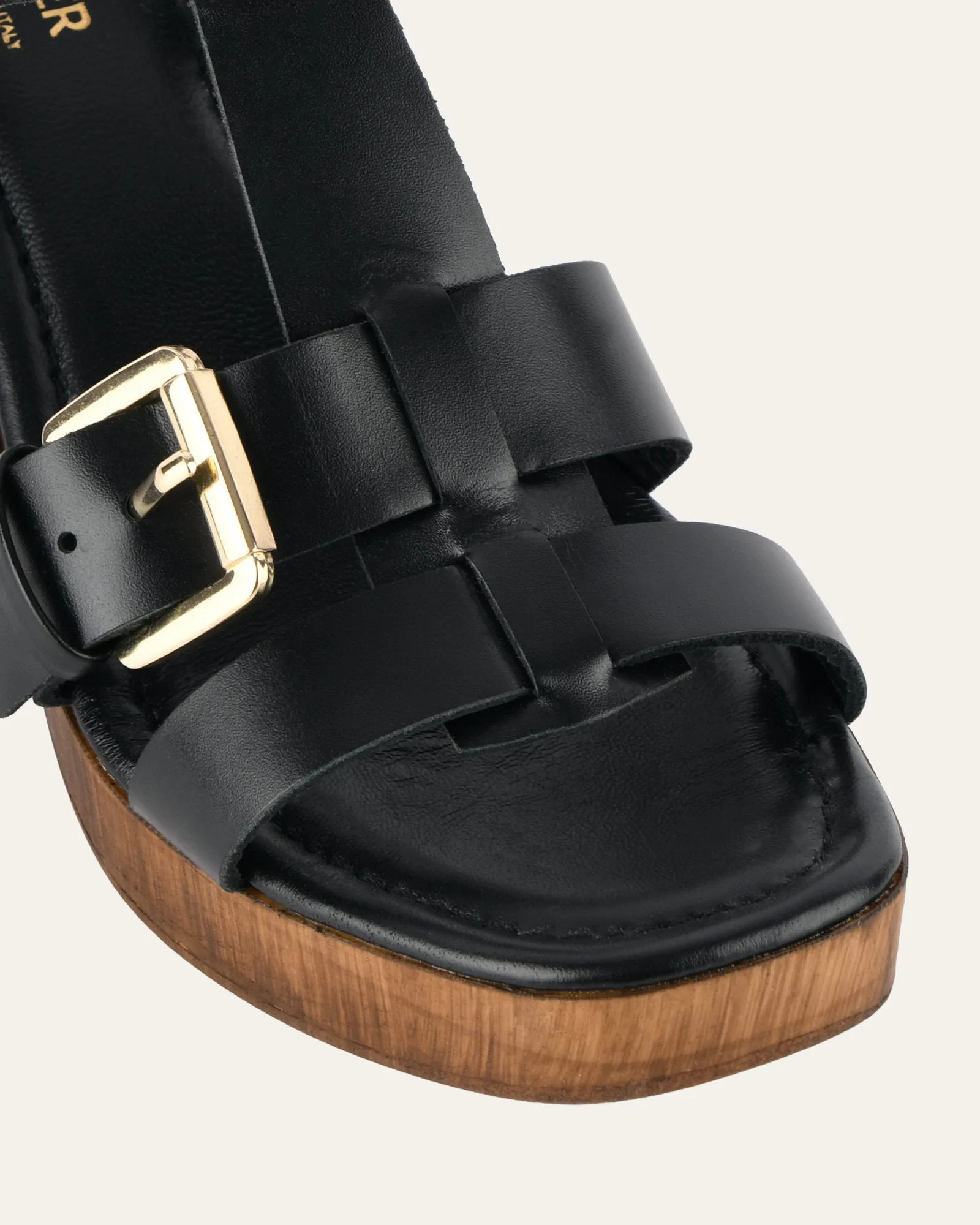 CATERINA MID HEEL CLOG SANDALS BLACK LEATHER