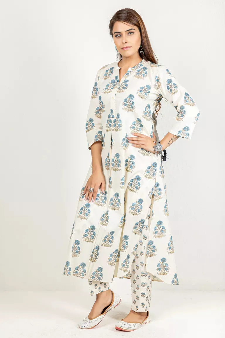 Cream & Blue Cotton Printed Kurta With Pants Set