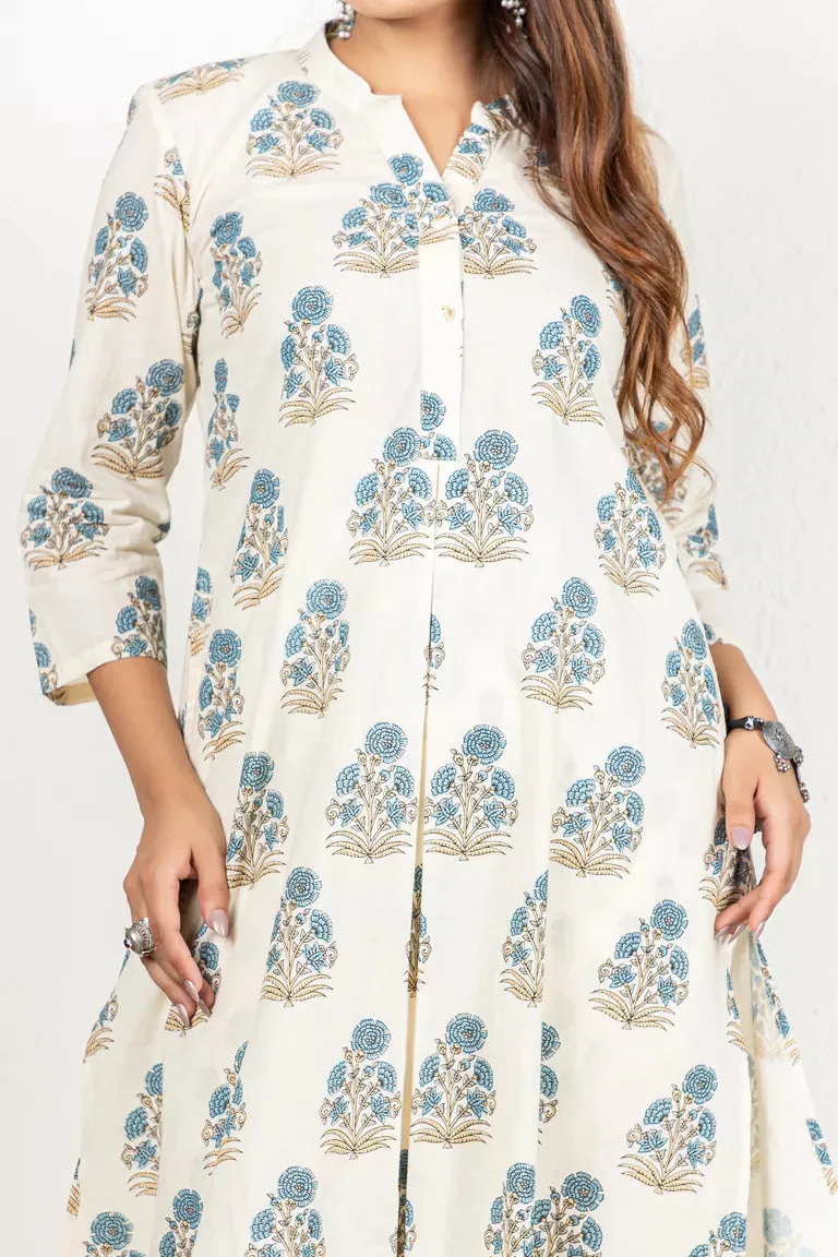 Cream & Blue Cotton Printed Kurta With Pants Set