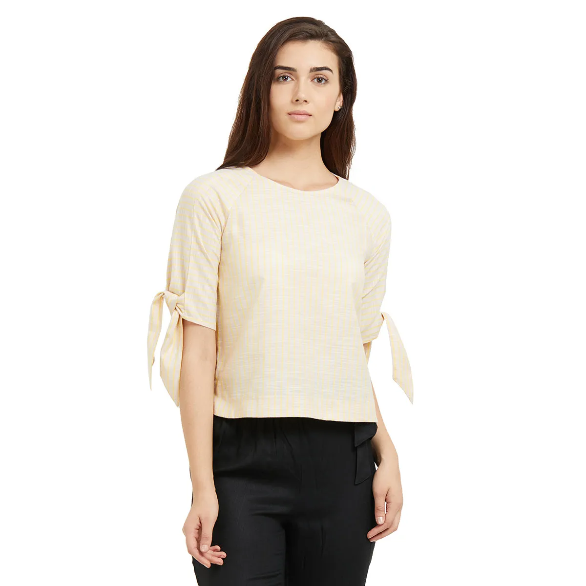 Cream Stripe Top with Tie-up Sleeves