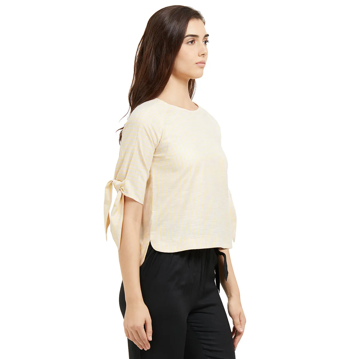 Cream Stripe Top with Tie-up Sleeves