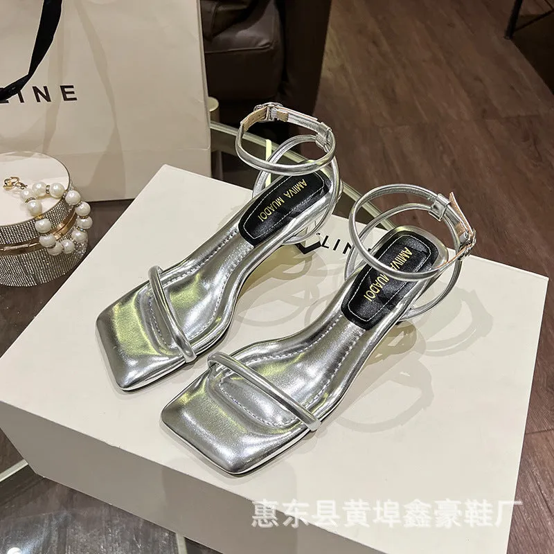 DEANWANGKT  Xinhao Shoes Factory  Square Head Fruit Shell with the Same Thin Strap Soft Strap Soft Bottom Strap Comfortable High Heel Sandals