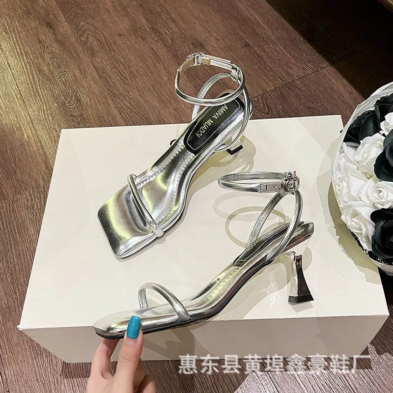 DEANWANGKT  Xinhao Shoes Factory  Square Head Fruit Shell with the Same Thin Strap Soft Strap Soft Bottom Strap Comfortable High Heel Sandals