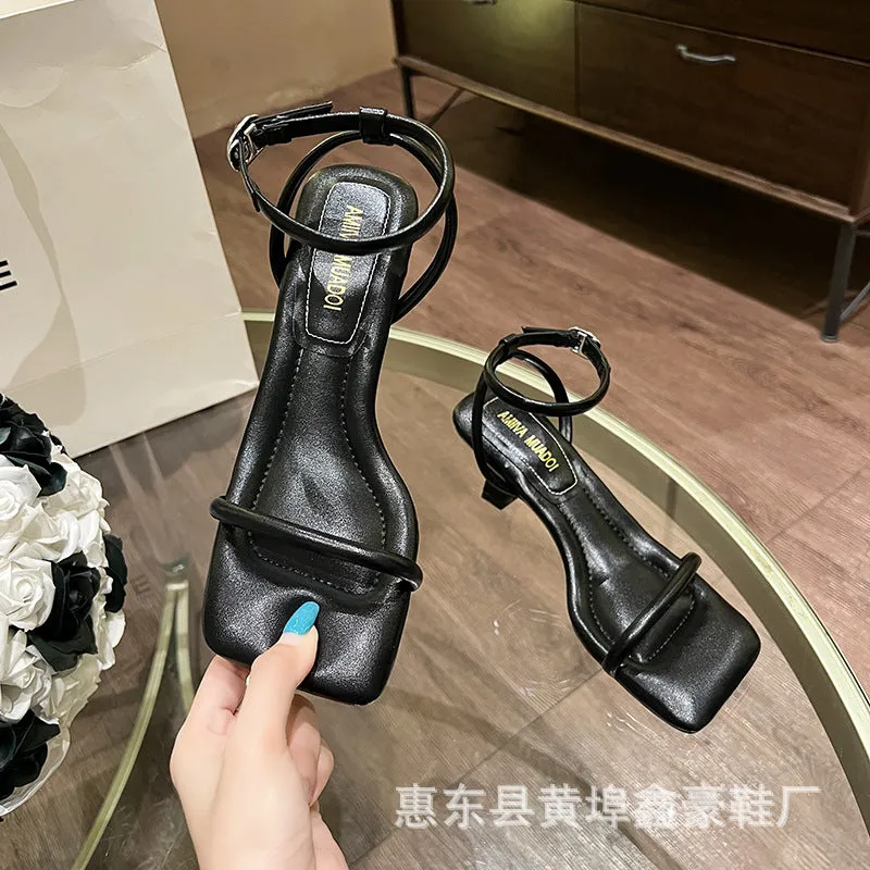 DEANWANGKT  Xinhao Shoes Factory  Square Head Fruit Shell with the Same Thin Strap Soft Strap Soft Bottom Strap Comfortable High Heel Sandals