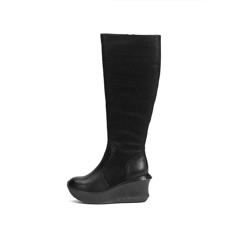 Designer 83mm Knee-high Wedge Boots Leather Slimming Boots for Winter in Black