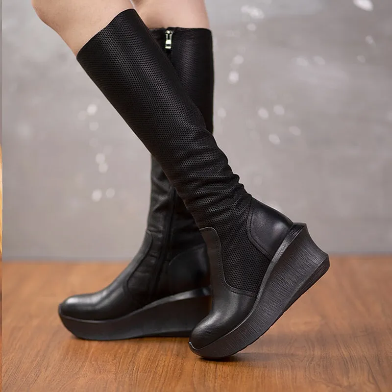 Designer 83mm Knee-high Wedge Boots Leather Slimming Boots for Winter in Black