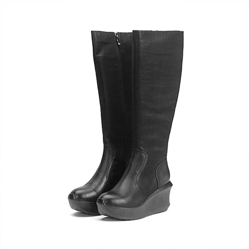 Designer 83mm Knee-high Wedge Boots Leather Slimming Boots for Winter in Black