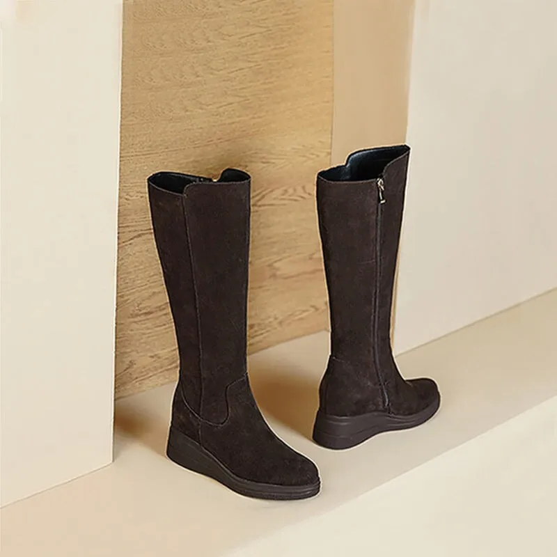 Designer Knee-high Wedge Boots Suede Leather Stretch Boots in Black/Coffee