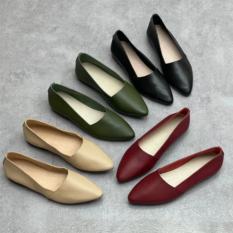 Designer Shoes Genuine Leather Slip-on For Women Handmade Pointed Toe Flats Green/Beige/Red/Black