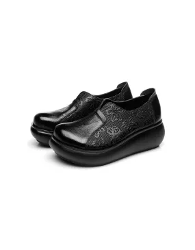 Embossed Handmade Leather Retro Wedge Shoes Spring