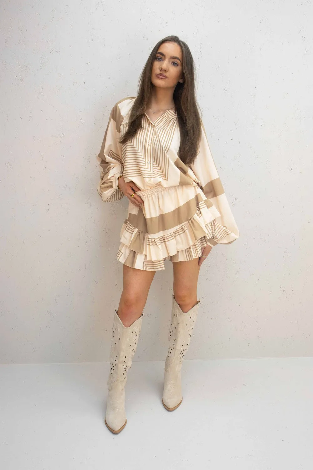 Emmie Beige Patterned Frill Skort Co-Ord Set