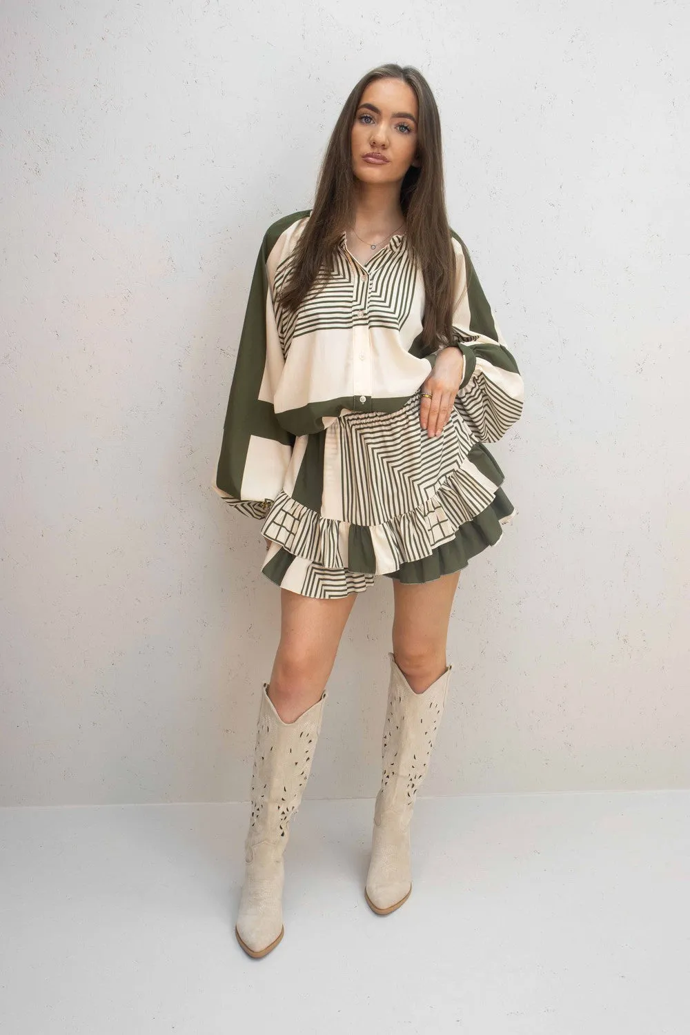 Emmie Khaki Patterned Frill Skort Co-Ord Set