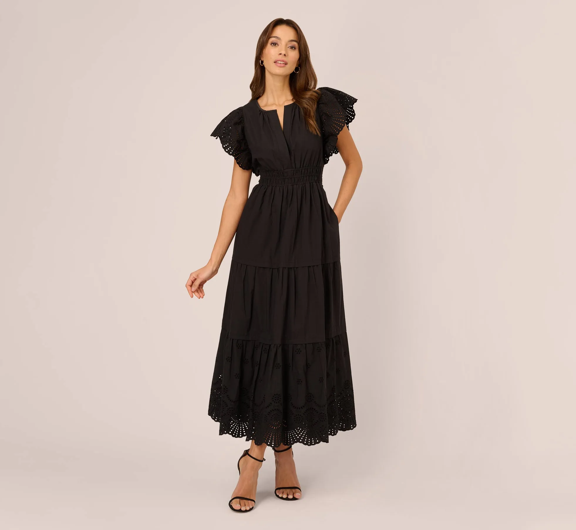 Eyelet Maxi Dress With Scalloped Short Sleeves In Black