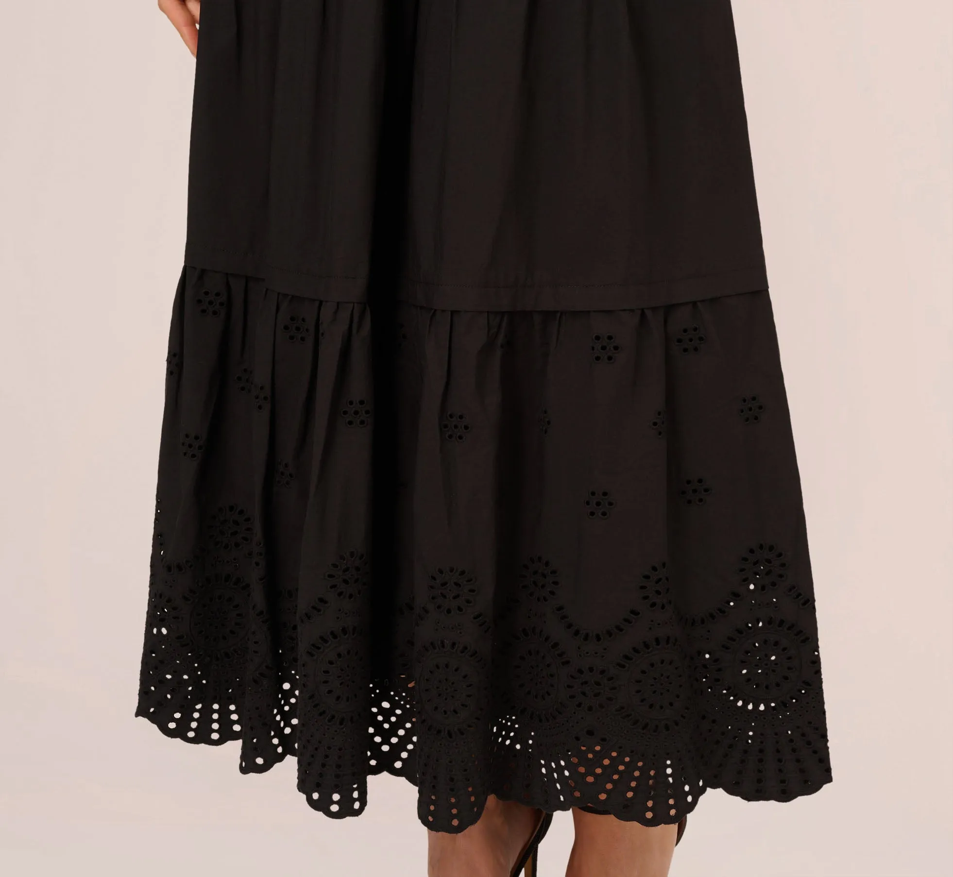 Eyelet Maxi Dress With Scalloped Short Sleeves In Black