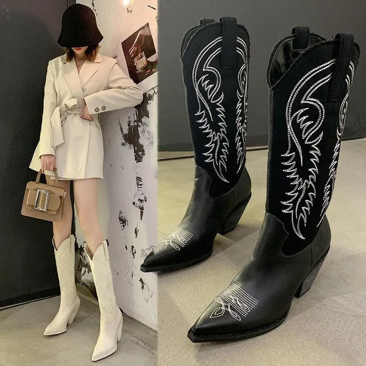 Fashion Embossed Microfiber Leather Women Boots Pointed Toe Western Cowboy Boots Women Knee-High Boots Chunky Wedges