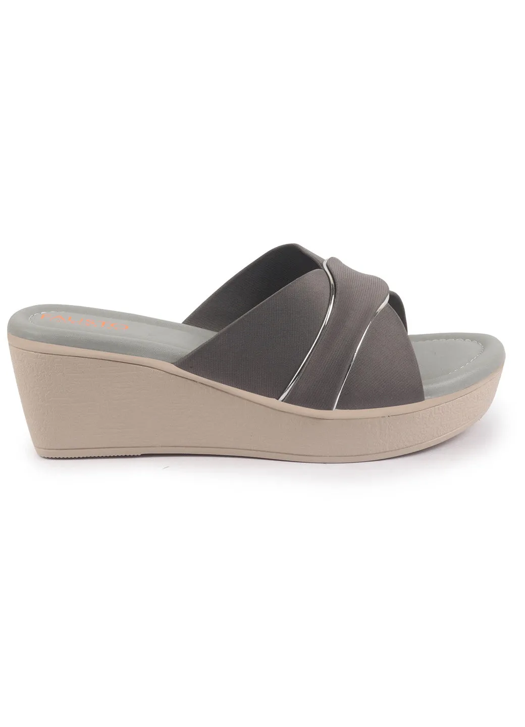 FAUSTO Women Grey Silver Lining Open Toe Cross Strap Wedge Slip On Sandal With Cushioned Footbed|Sandal For Party|Festive|Wedding