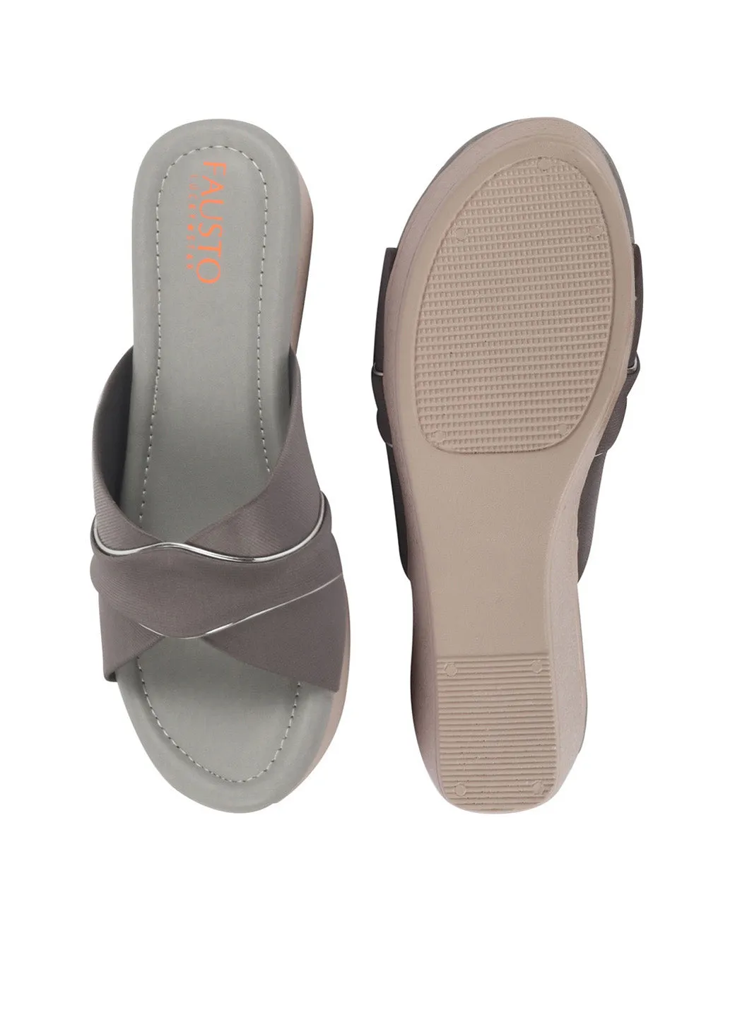 FAUSTO Women Grey Silver Lining Open Toe Cross Strap Wedge Slip On Sandal With Cushioned Footbed|Sandal For Party|Festive|Wedding