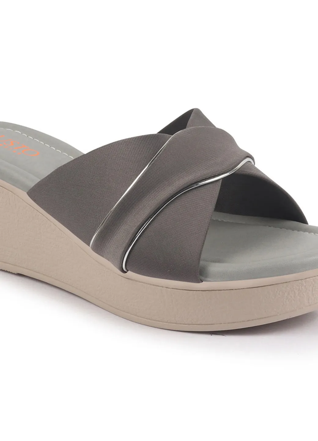 FAUSTO Women Grey Silver Lining Open Toe Cross Strap Wedge Slip On Sandal With Cushioned Footbed|Sandal For Party|Festive|Wedding