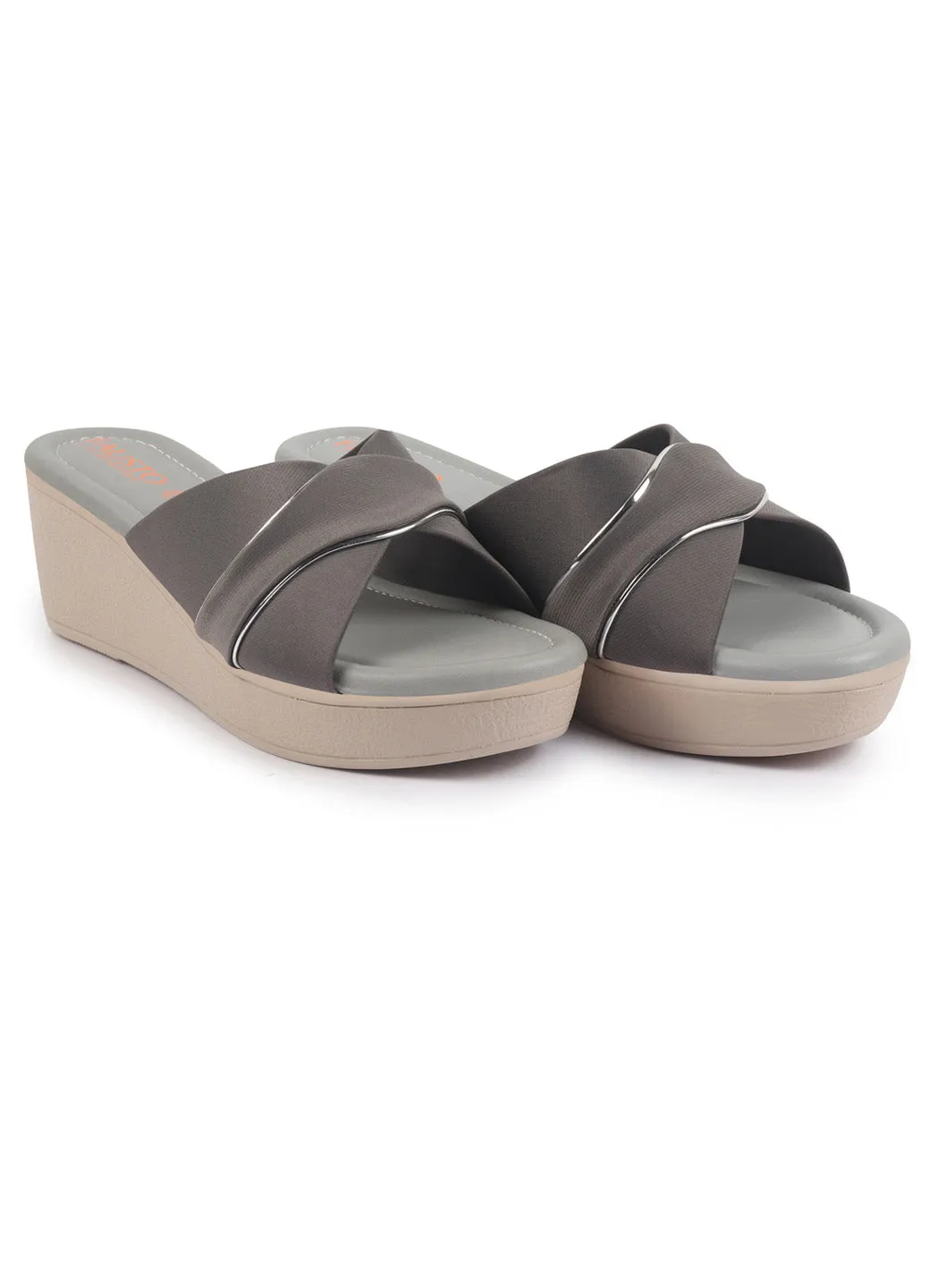 FAUSTO Women Grey Silver Lining Open Toe Cross Strap Wedge Slip On Sandal With Cushioned Footbed|Sandal For Party|Festive|Wedding