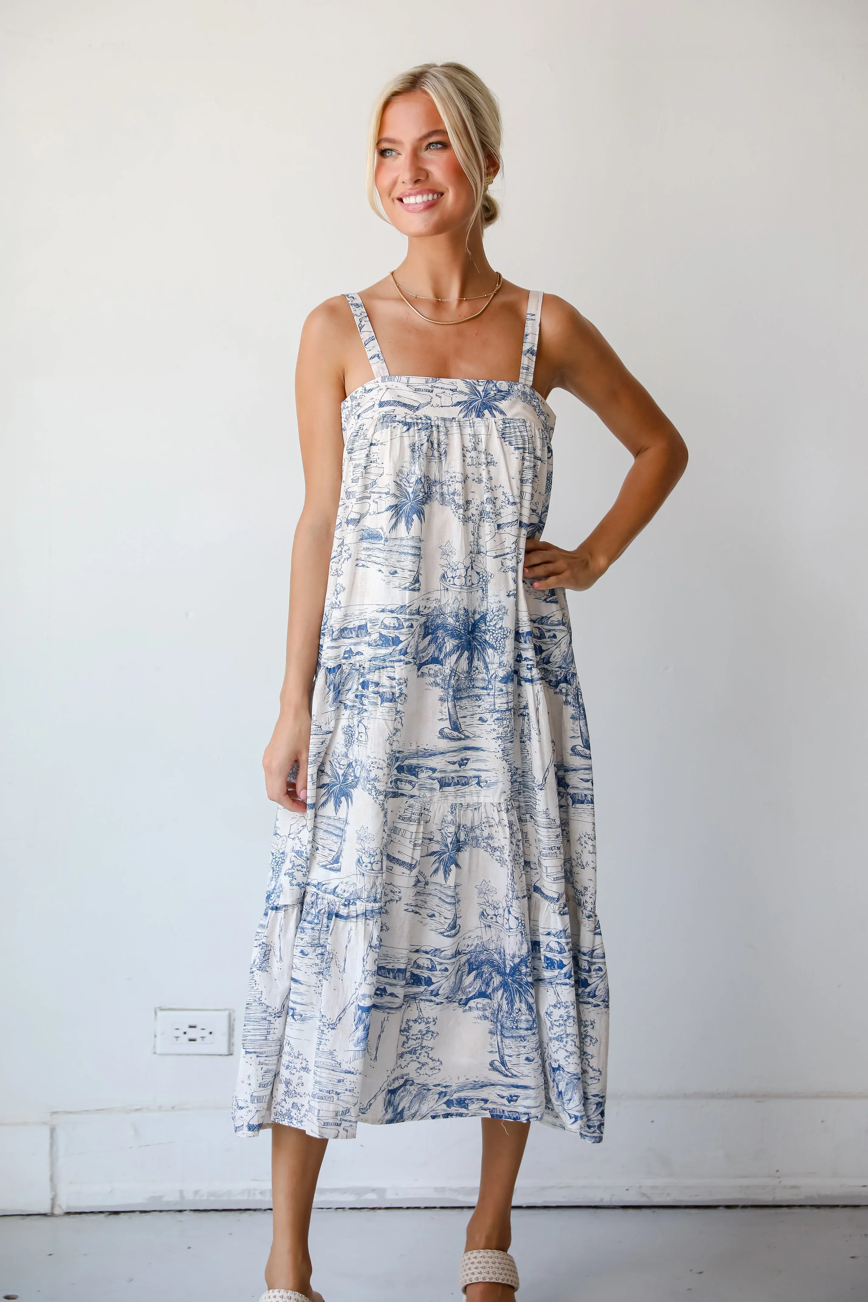 FINAL SALE - Tropical Lifestyle Blue Tiered Midi Dress