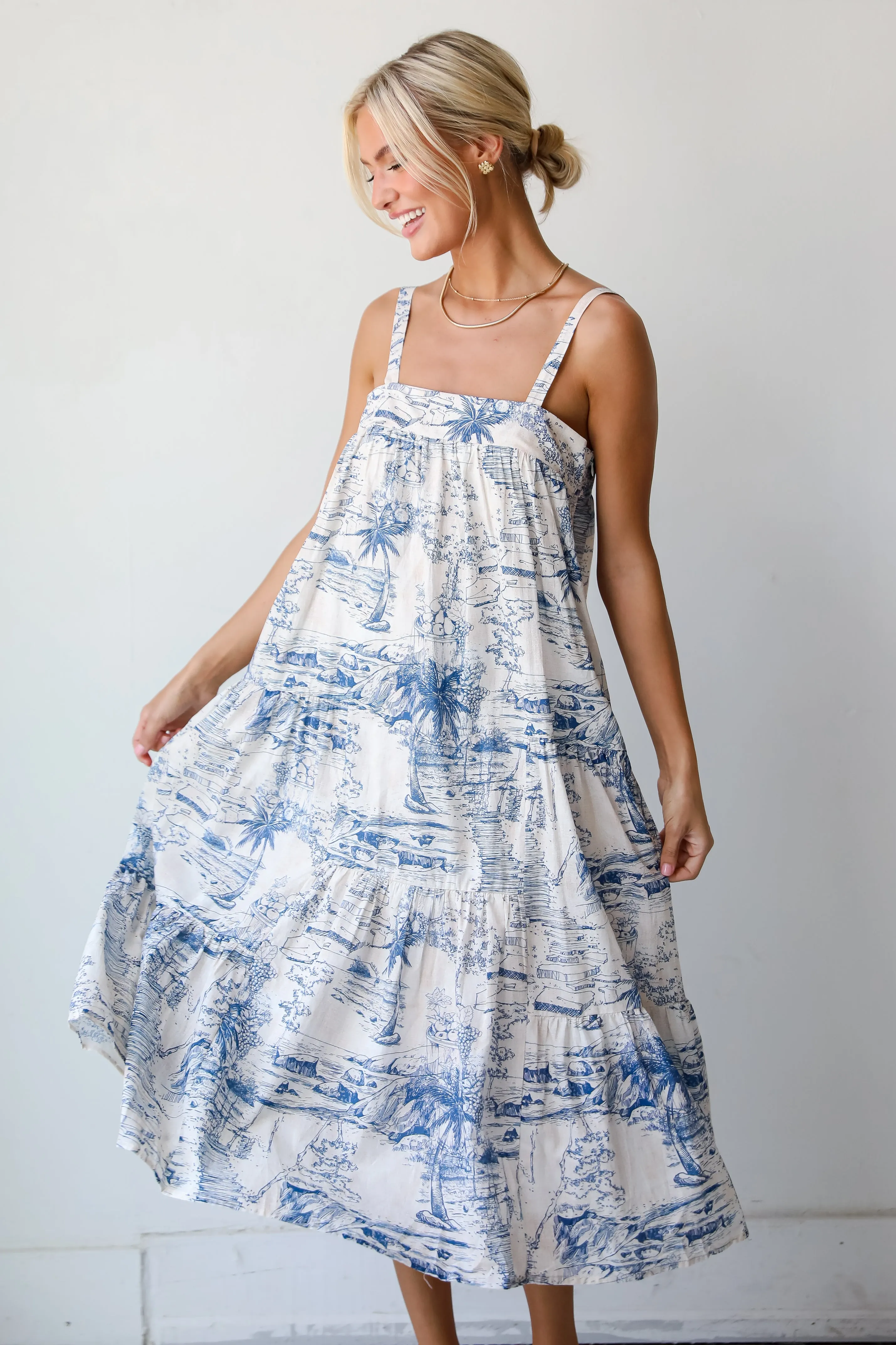 FINAL SALE - Tropical Lifestyle Blue Tiered Midi Dress