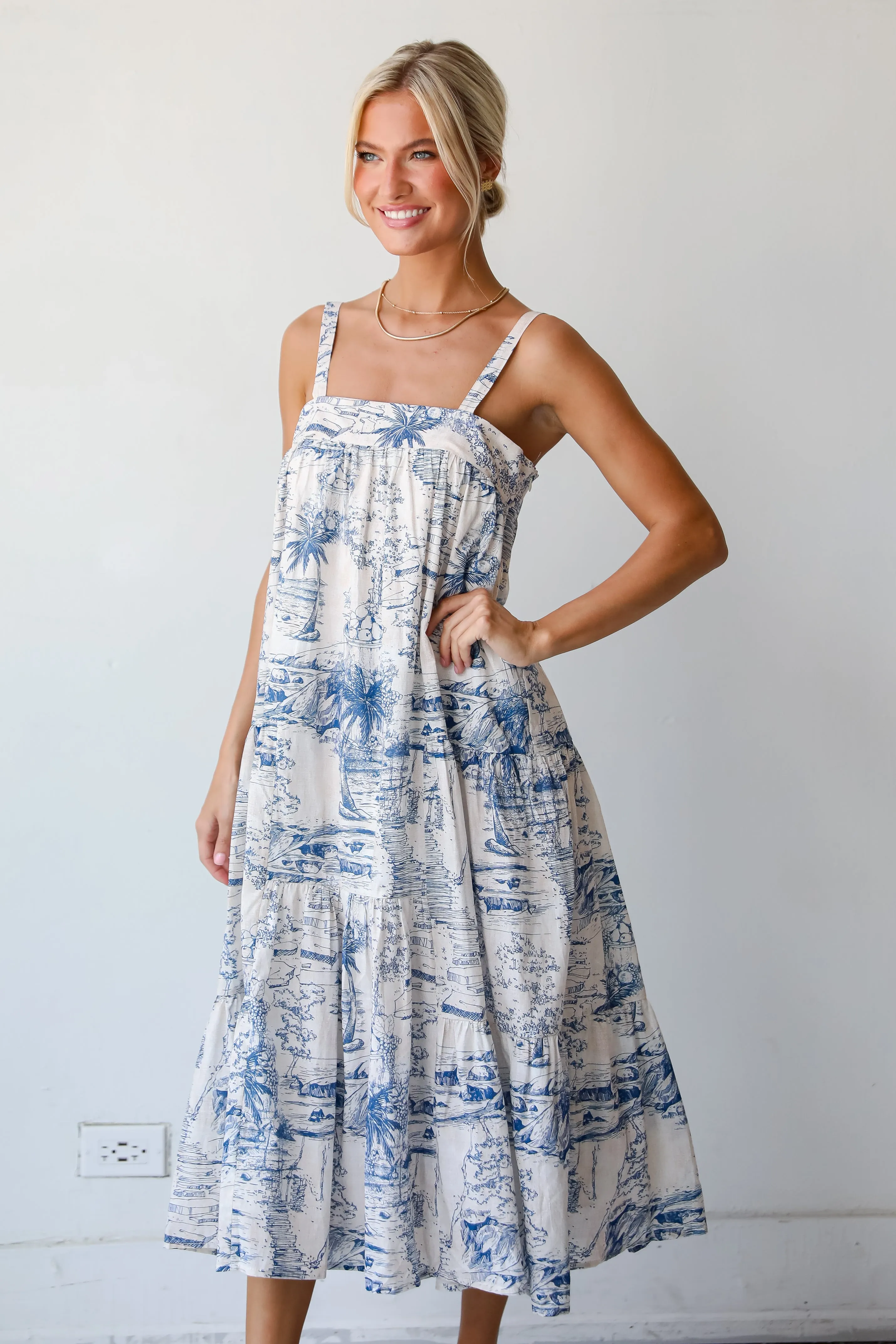 FINAL SALE - Tropical Lifestyle Blue Tiered Midi Dress