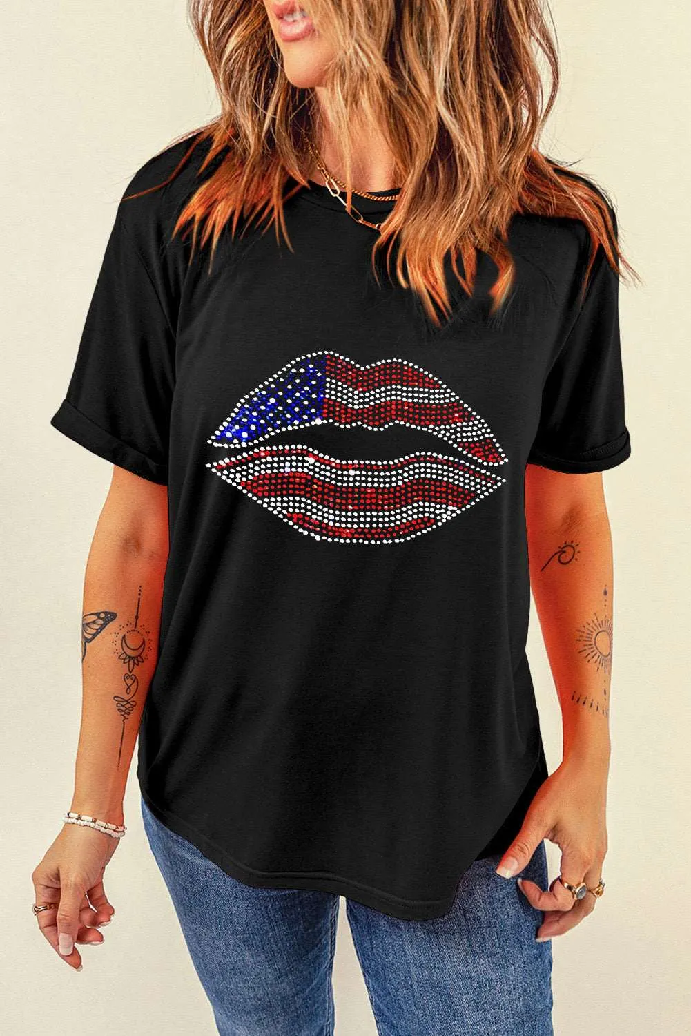 Flag Day Rhinestone Lip Shape Graphic T-Shirt: Sparkle, Sass, and Patriotic AF 💋🇺🇸✨