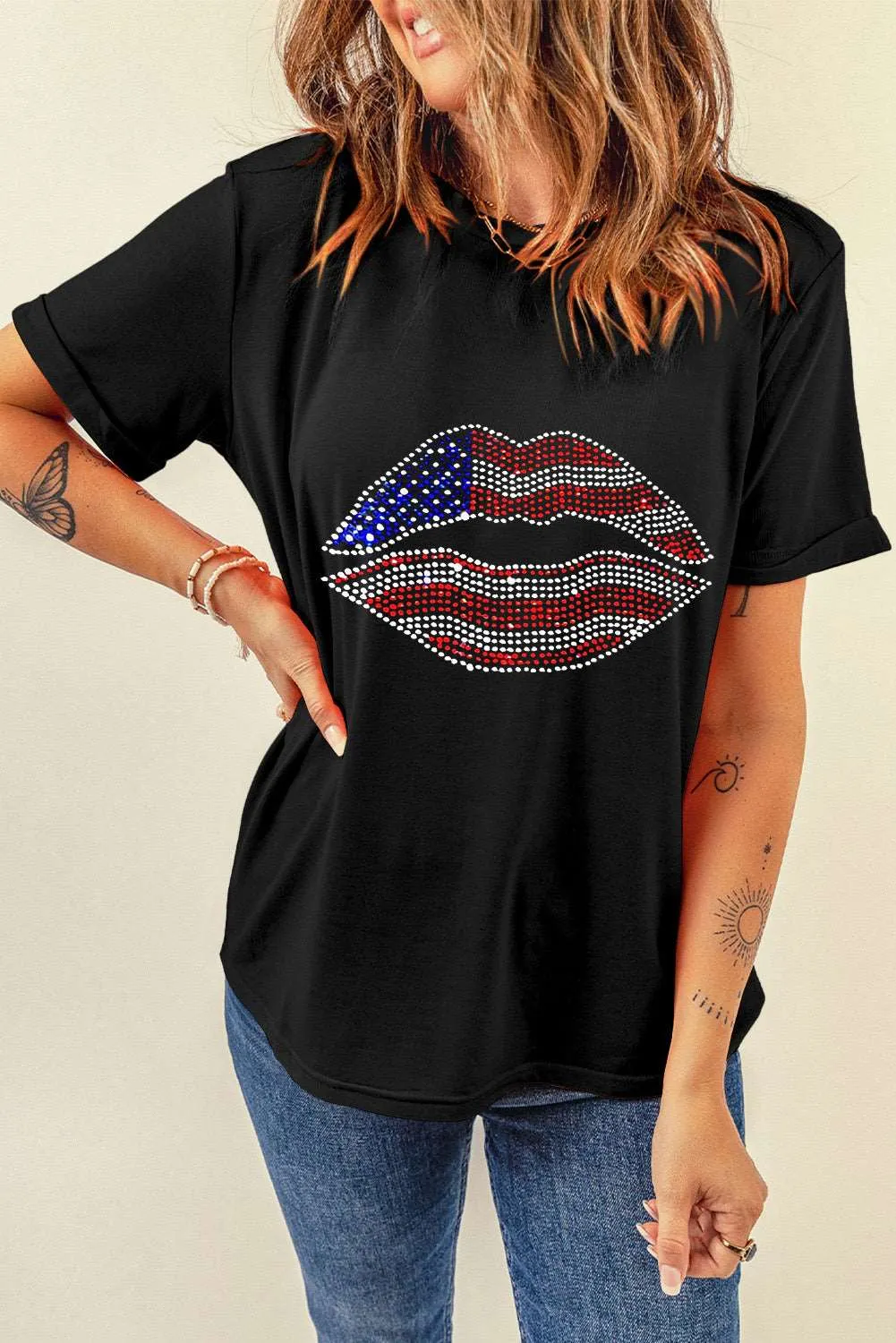 Flag Day Rhinestone Lip Shape Graphic T-Shirt: Sparkle, Sass, and Patriotic AF 💋🇺🇸✨