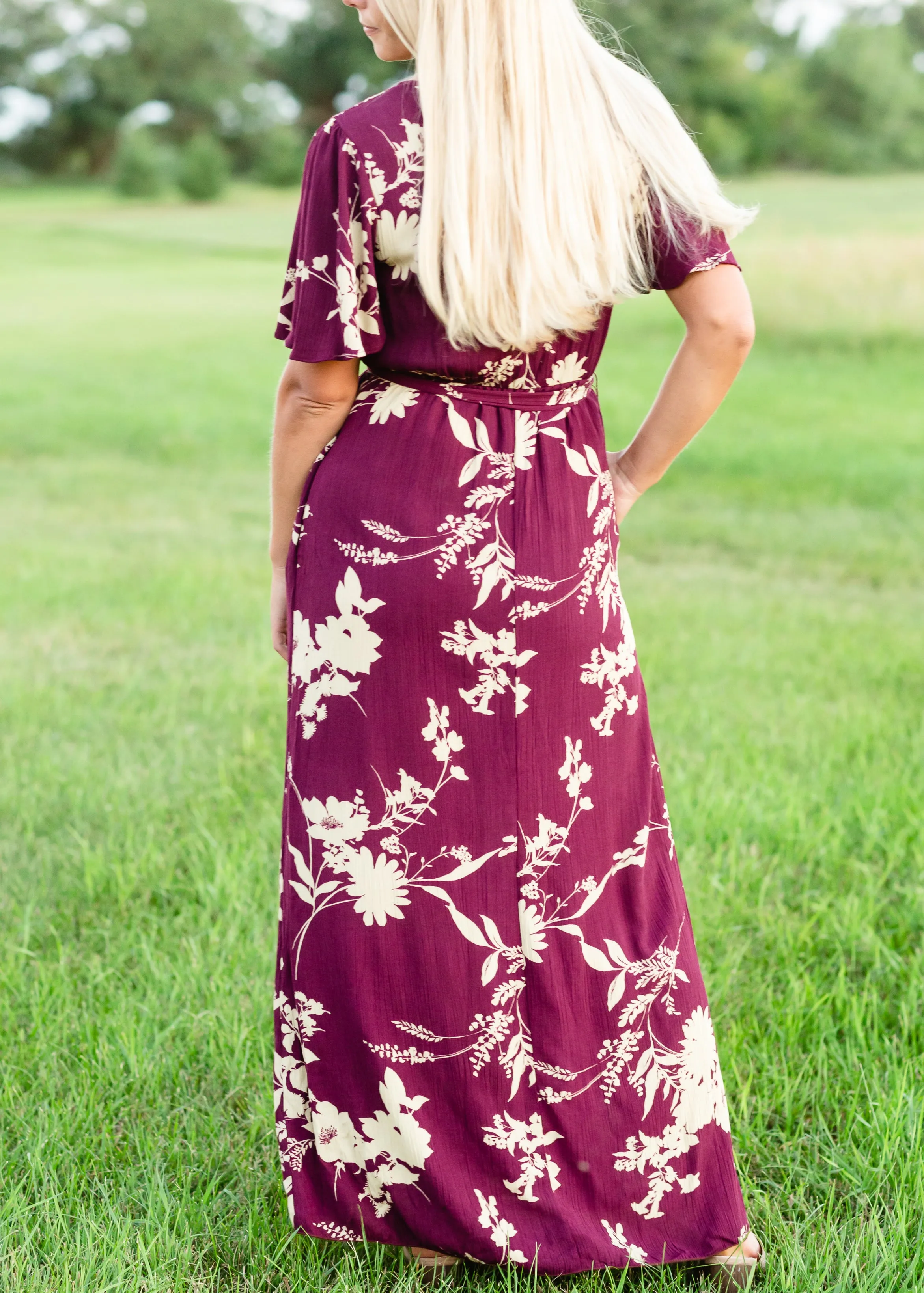 Floral Flutter Sleeve Plum Maxi Dress