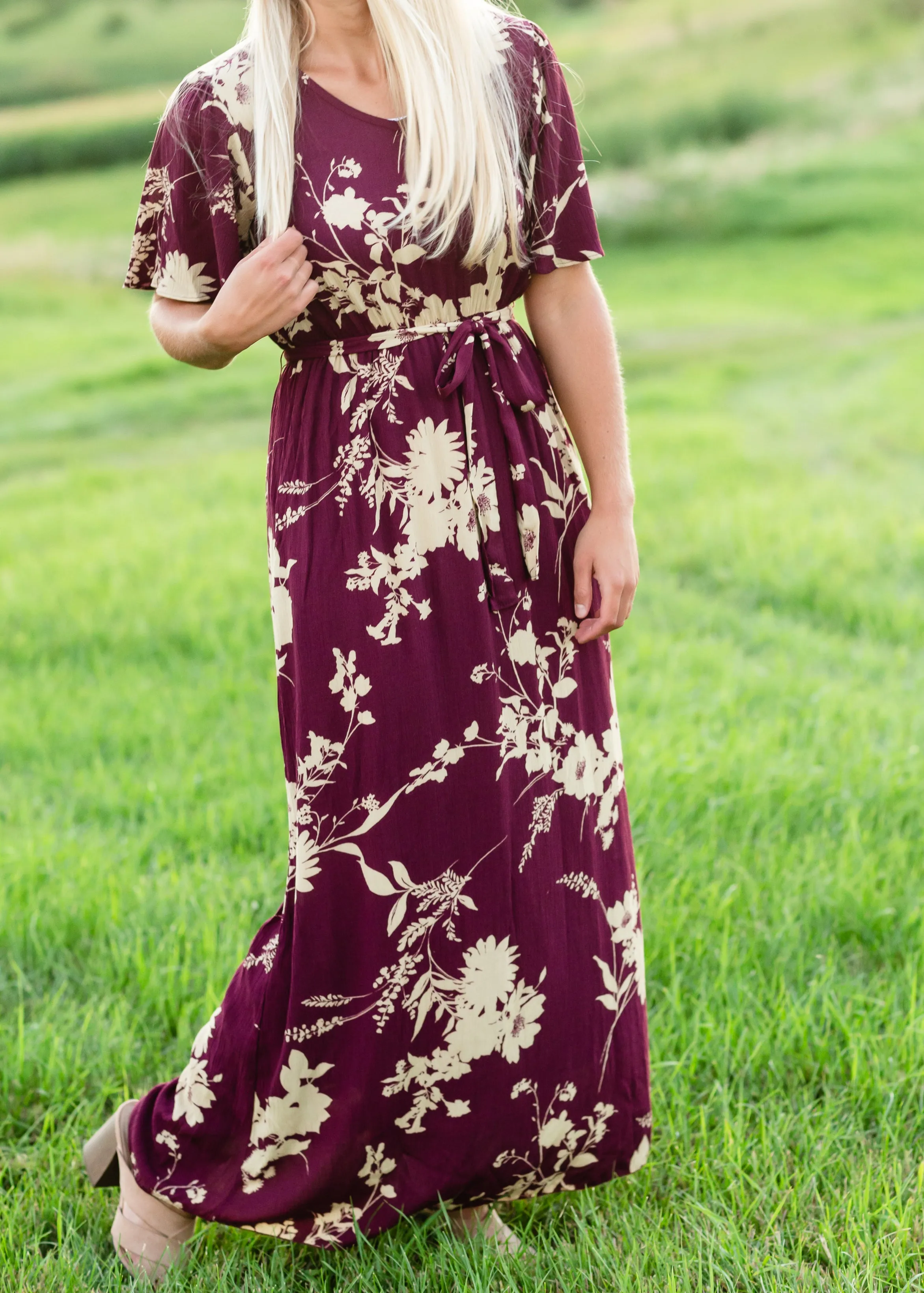 Floral Flutter Sleeve Plum Maxi Dress