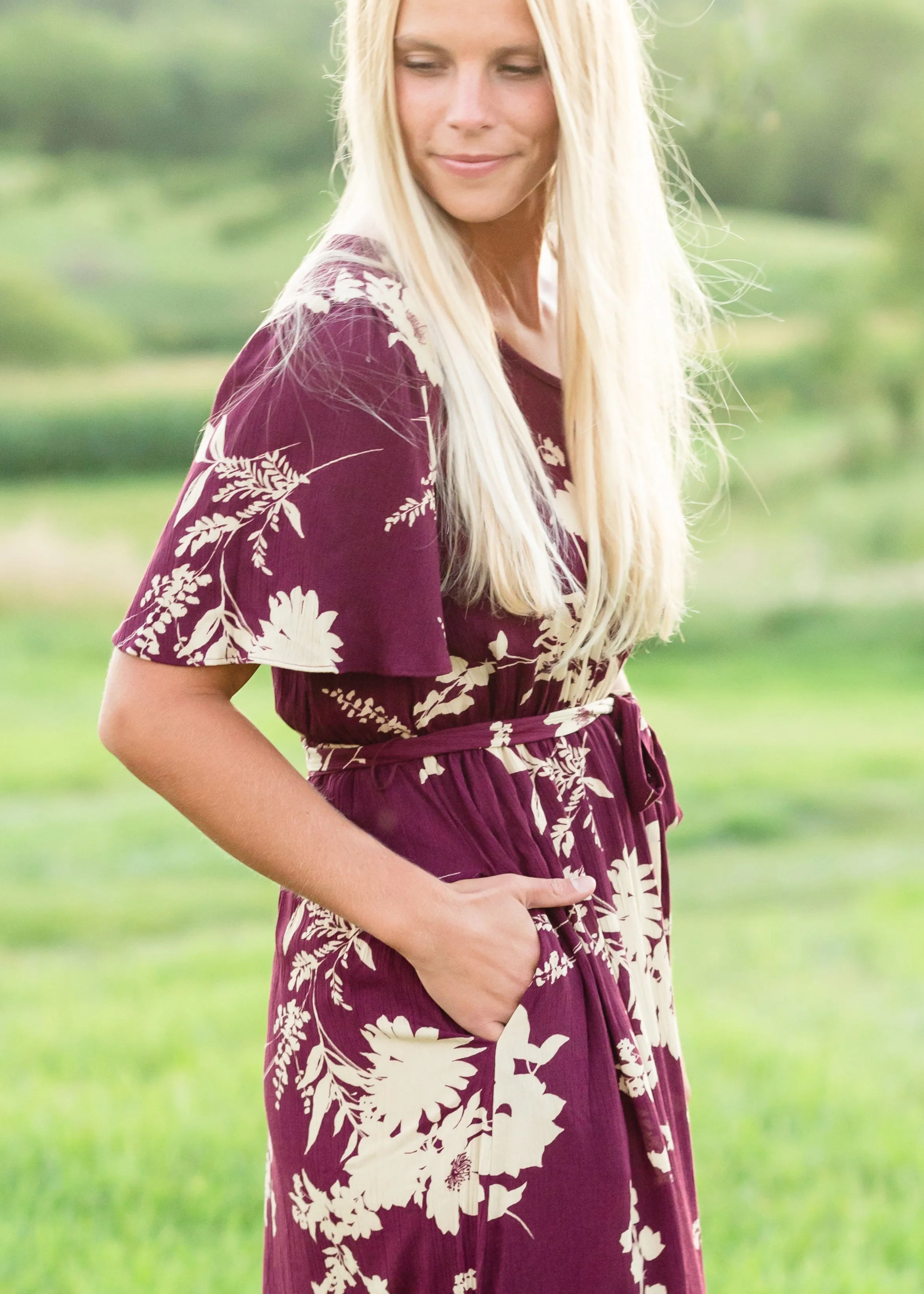 Floral Flutter Sleeve Plum Maxi Dress