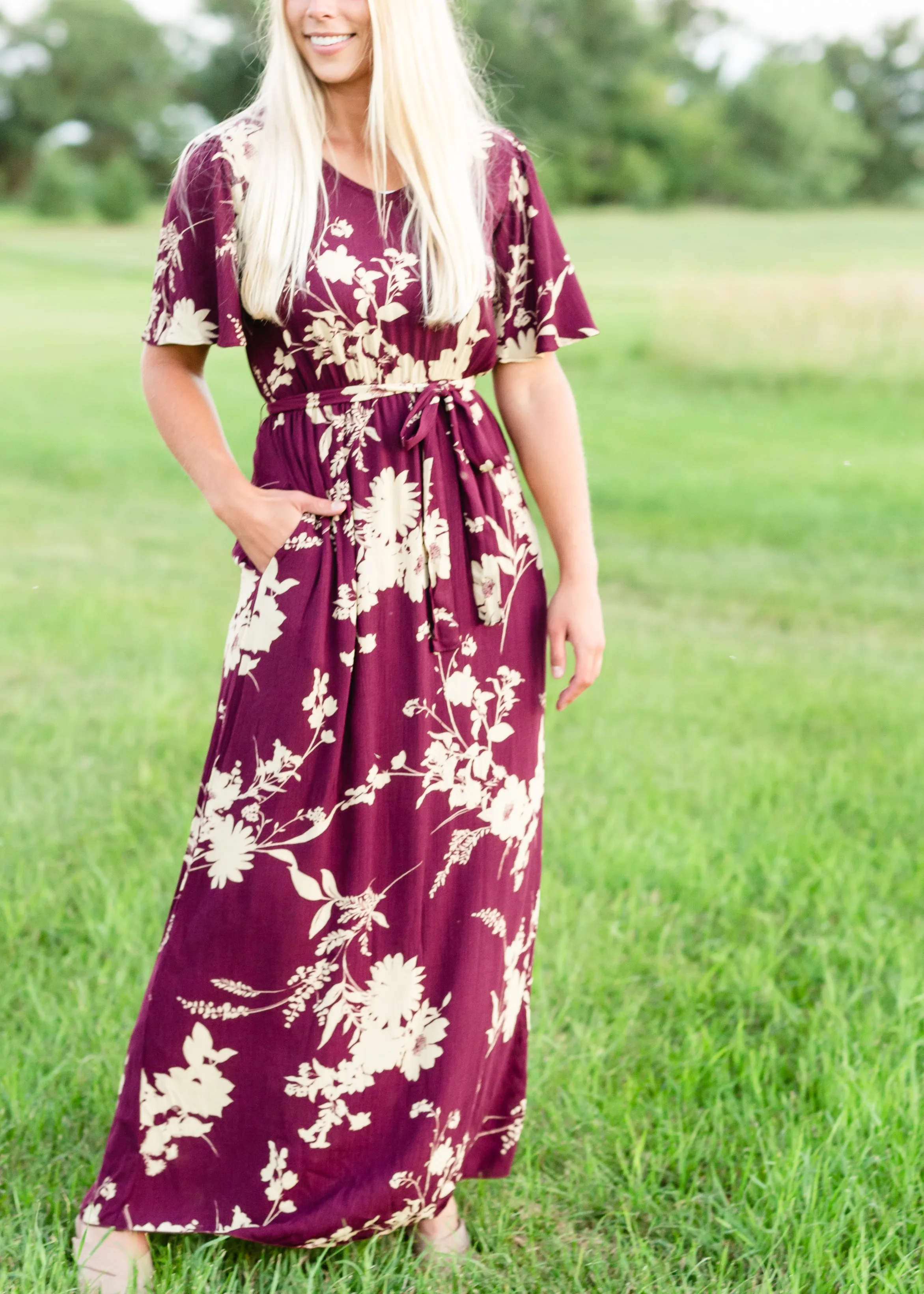 Floral Flutter Sleeve Plum Maxi Dress