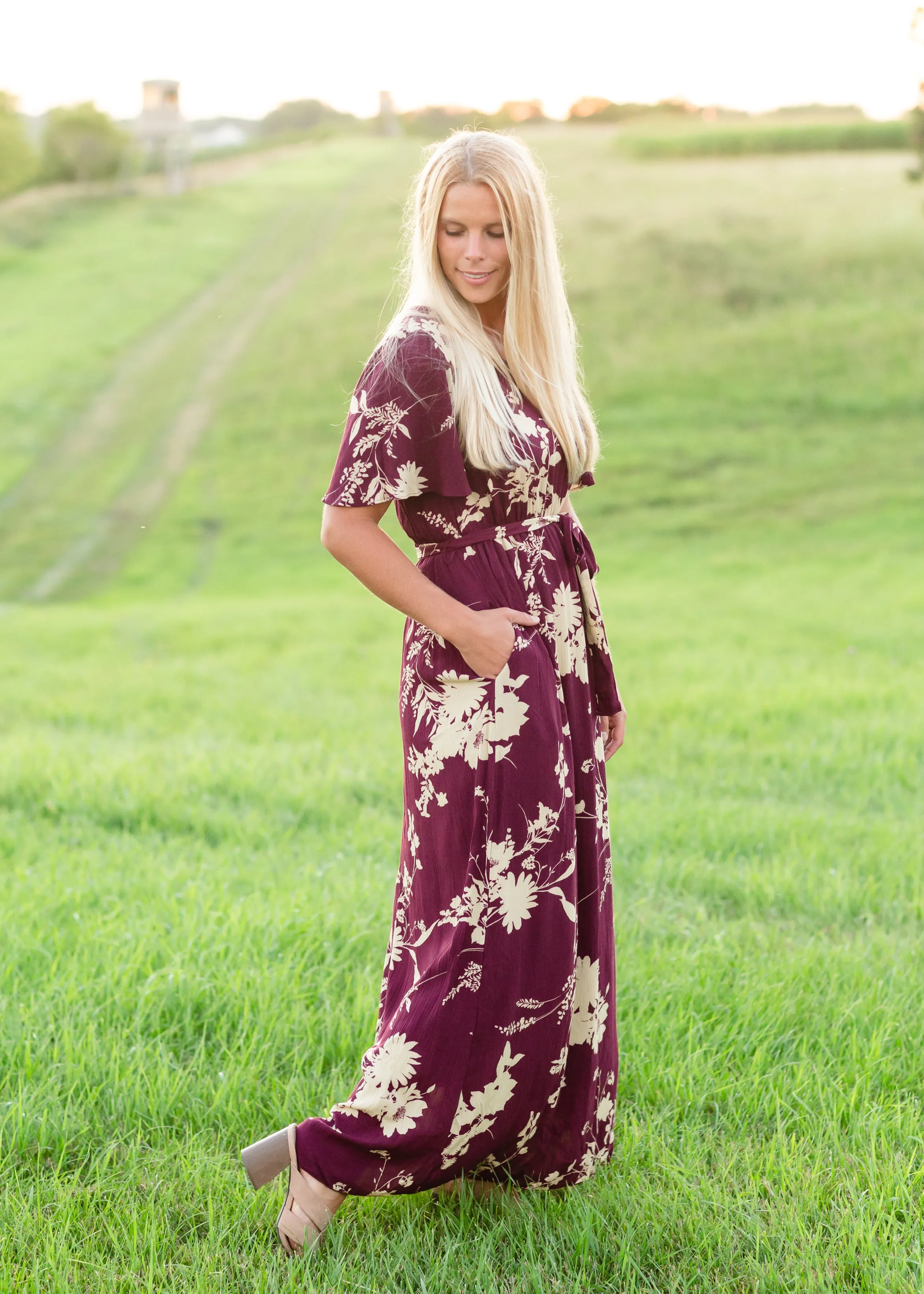 Floral Flutter Sleeve Plum Maxi Dress