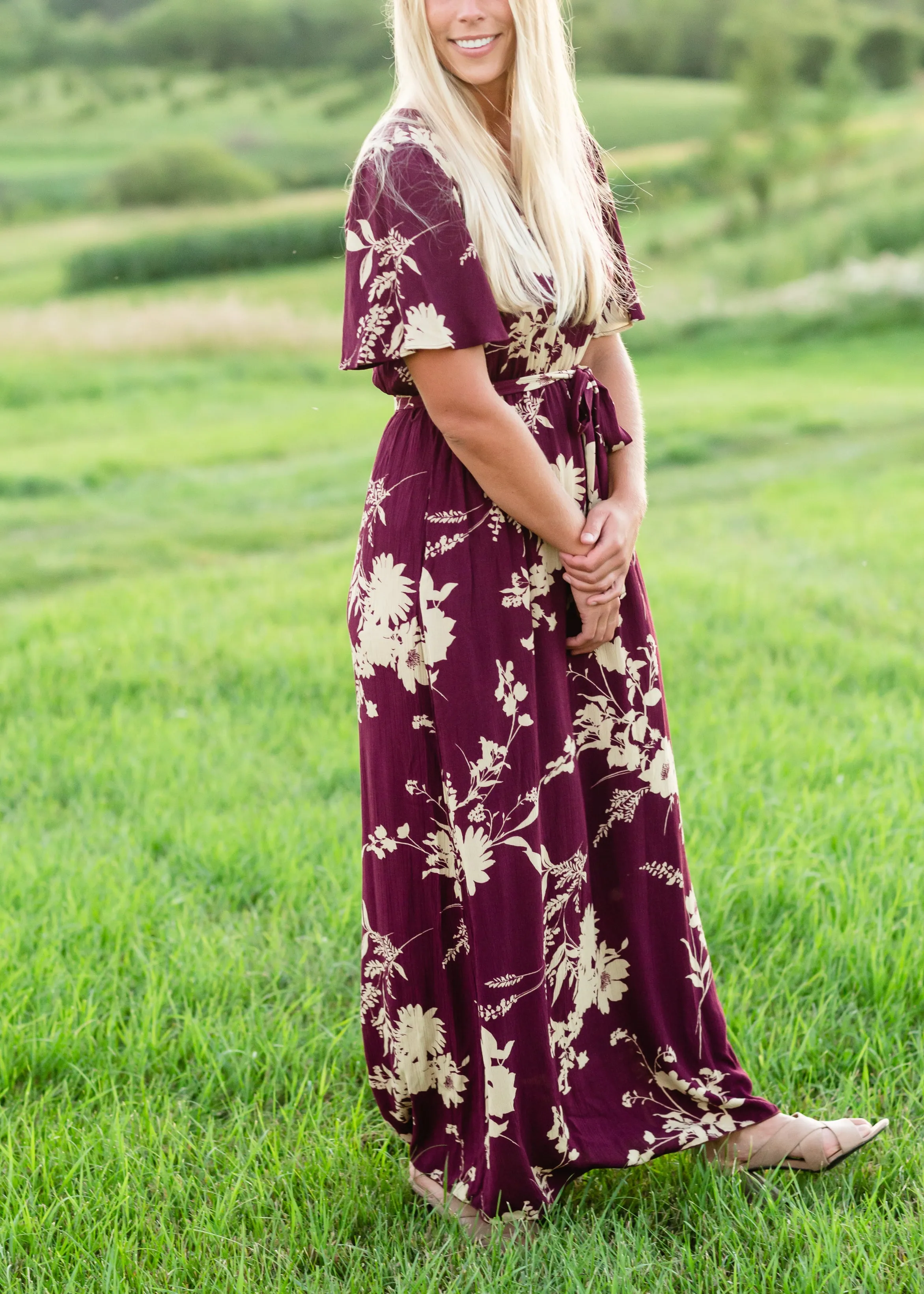 Floral Flutter Sleeve Plum Maxi Dress