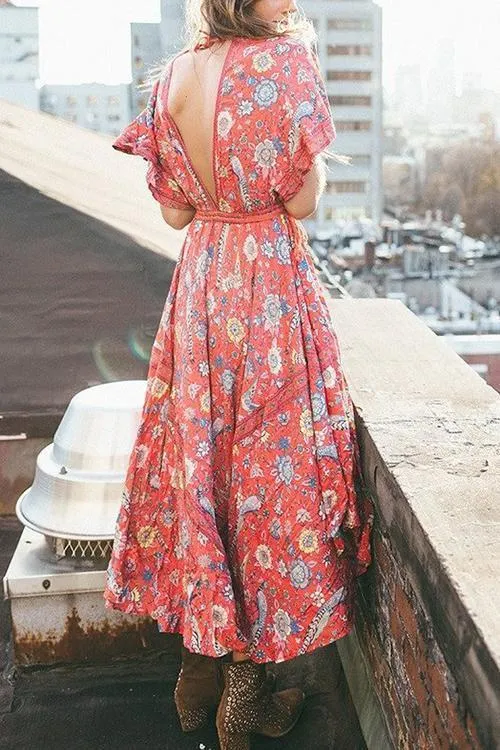 Floral Print V Neck Maxi Dress