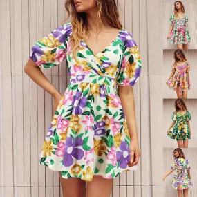 Flowers Print Dress V-Neck Lantern-sleeve Dress Y2K Summer Vacation Beach Short Dresses Fashion Womens Clothing