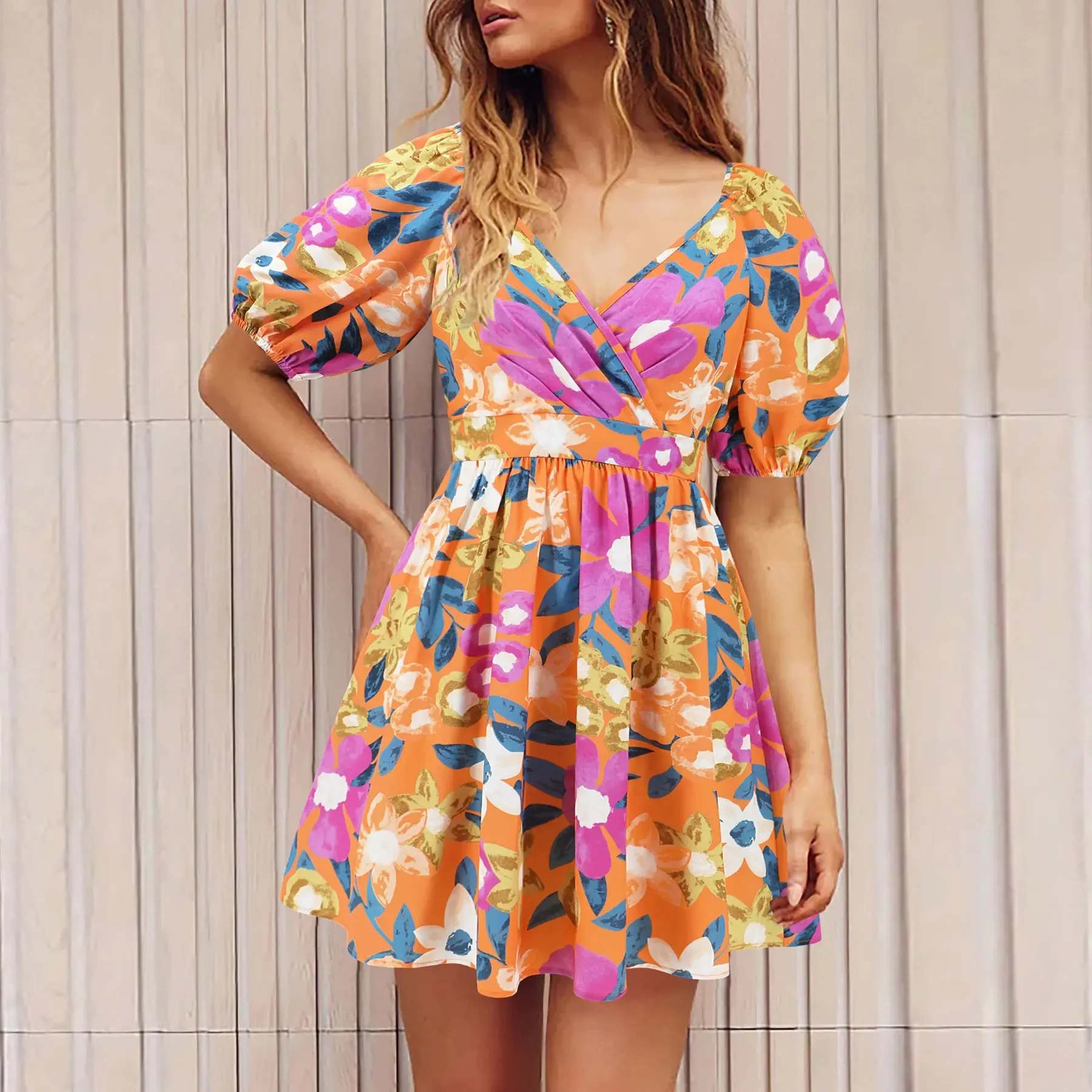 Flowers Print Dress V-Neck Lantern-sleeve Dress Y2K Summer Vacation Beach Short Dresses Fashion Womens Clothing