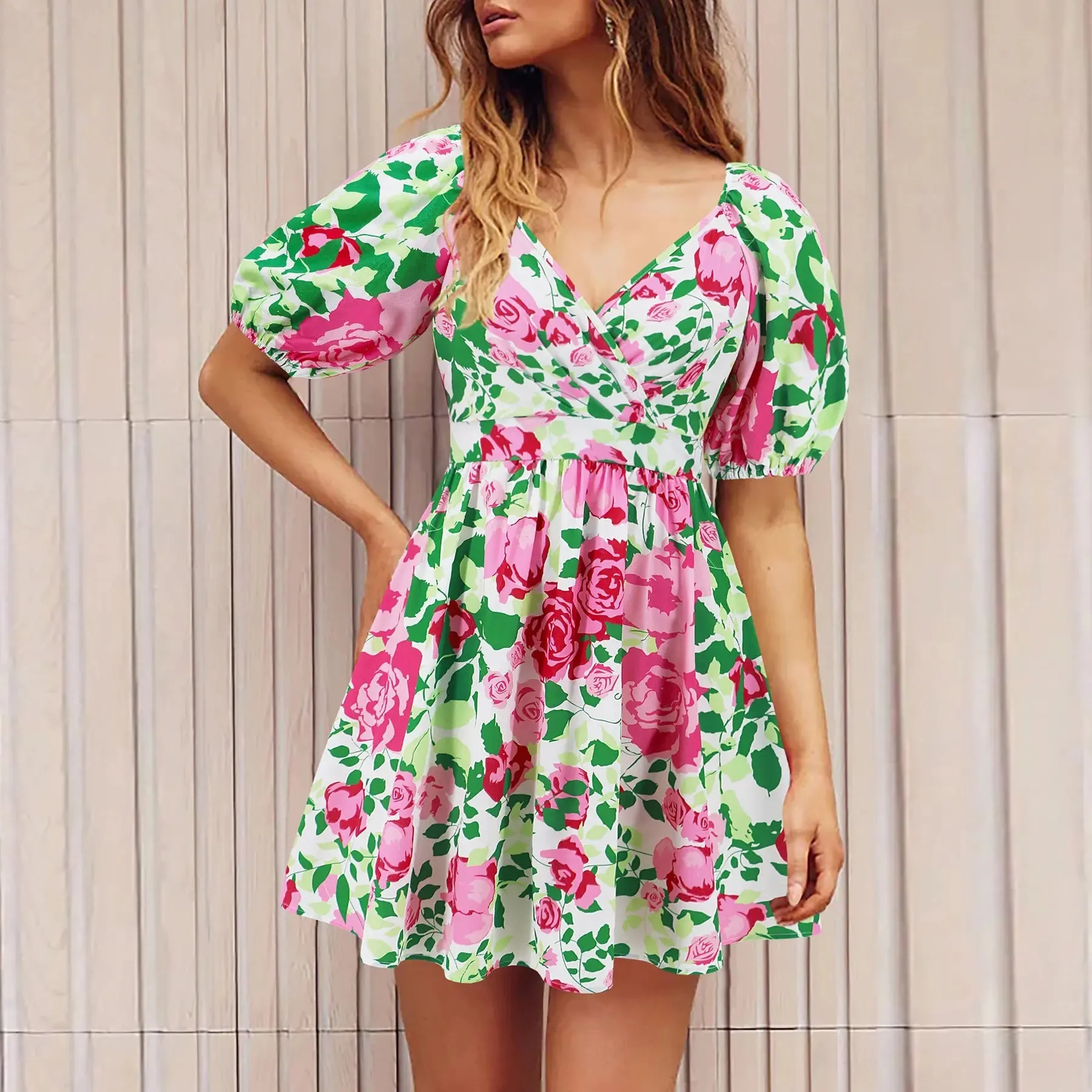 Flowers Print Dress V-Neck Lantern-sleeve Dress Y2K Summer Vacation Beach Short Dresses Fashion Womens Clothing