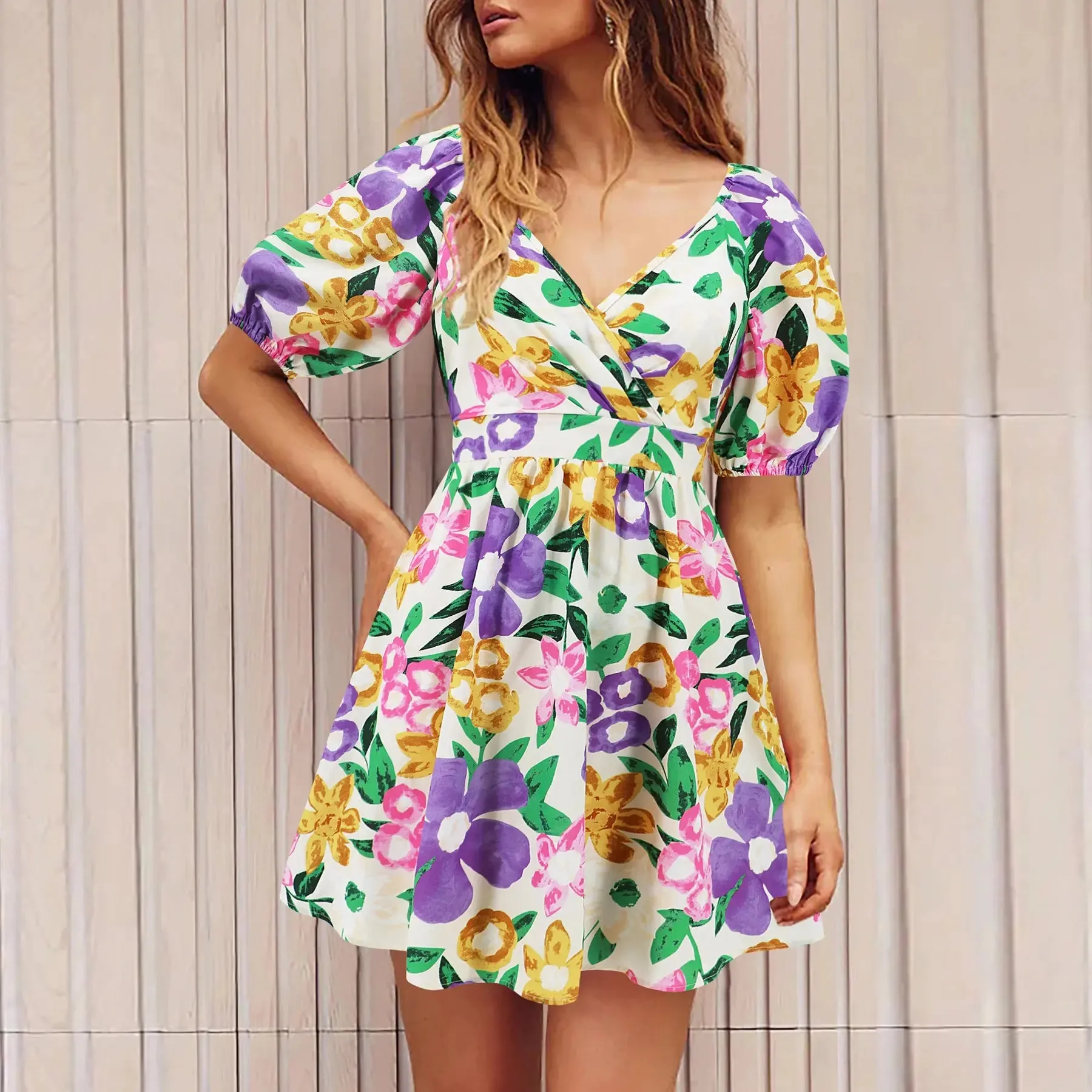 Flowers Print Dress V-Neck Lantern-sleeve Dress Y2K Summer Vacation Beach Short Dresses Fashion Womens Clothing