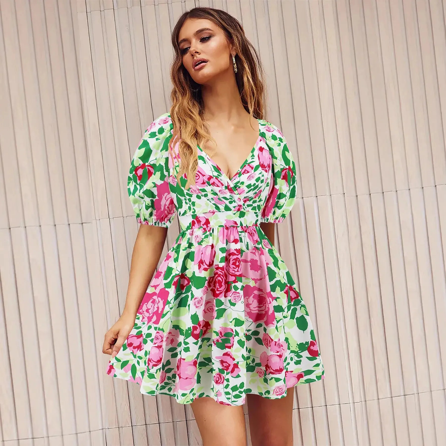 Flowers Print Dress V-Neck Lantern-sleeve Dress Y2K Summer Vacation Beach Short Dresses Fashion Womens Clothing