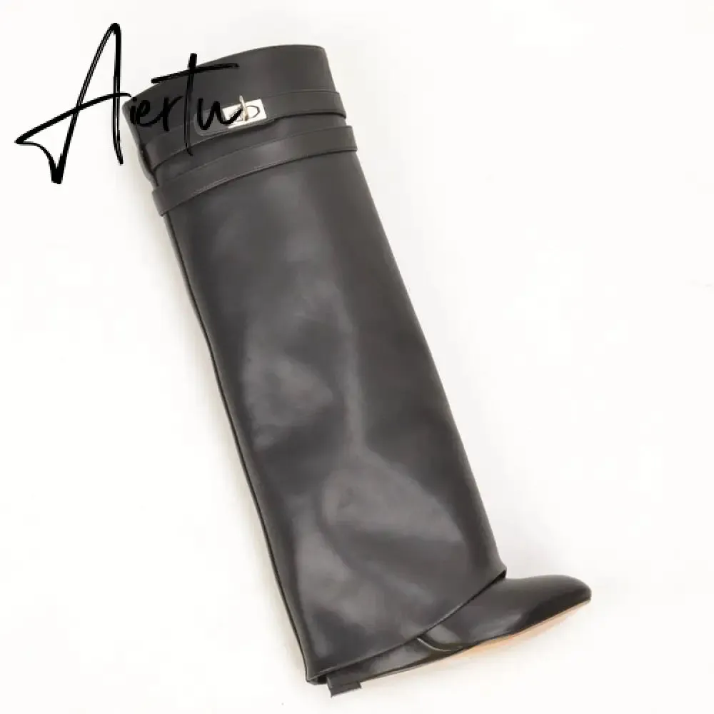 Genuine Leather Shark Lock Boots Metal Decor Belt Knee High Botas Mujer Wedges Women's Shoes Ladies High Heel Knee Boots Female