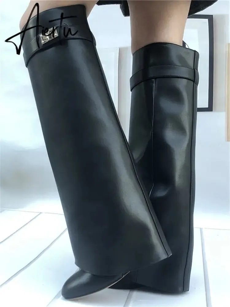 Genuine Leather Shark Lock Boots Metal Decor Belt Knee High Botas Mujer Wedges Women's Shoes Ladies High Heel Knee Boots Female