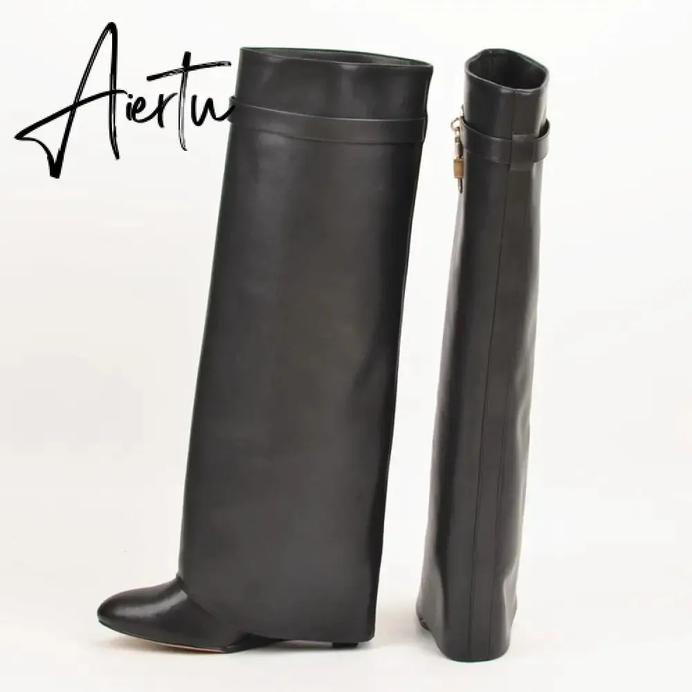 Genuine Leather Shark Lock Boots Metal Decor Belt Knee High Botas Mujer Wedges Women's Shoes Ladies High Heel Knee Boots Female