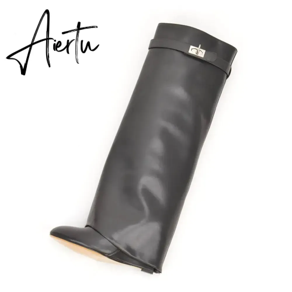 Genuine Leather Shark Lock Boots Metal Decor Belt Knee High Botas Mujer Wedges Women's Shoes Ladies High Heel Knee Boots Female