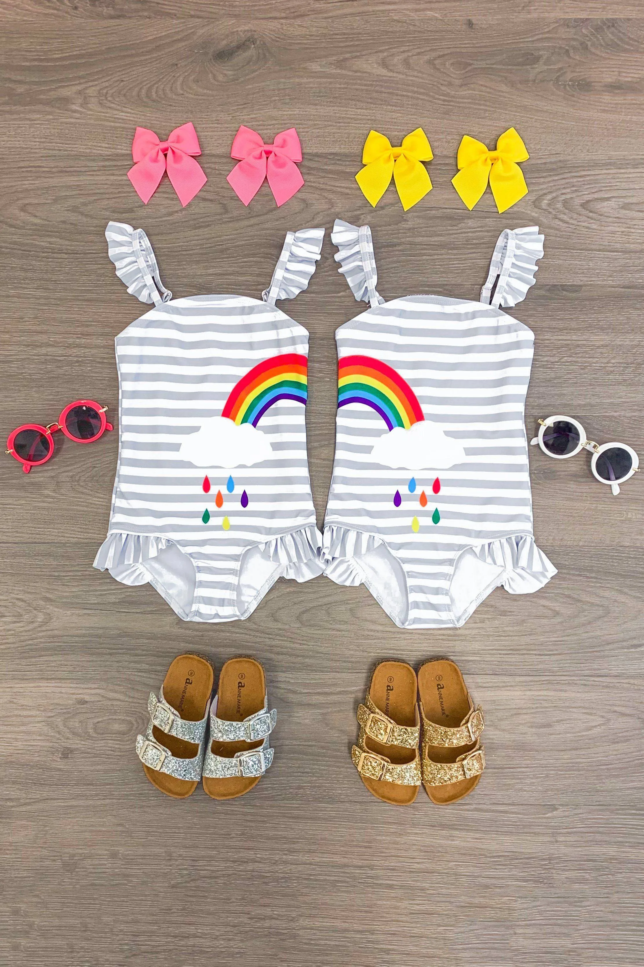 Gray Stripe Rainbow BFF Swimsuit