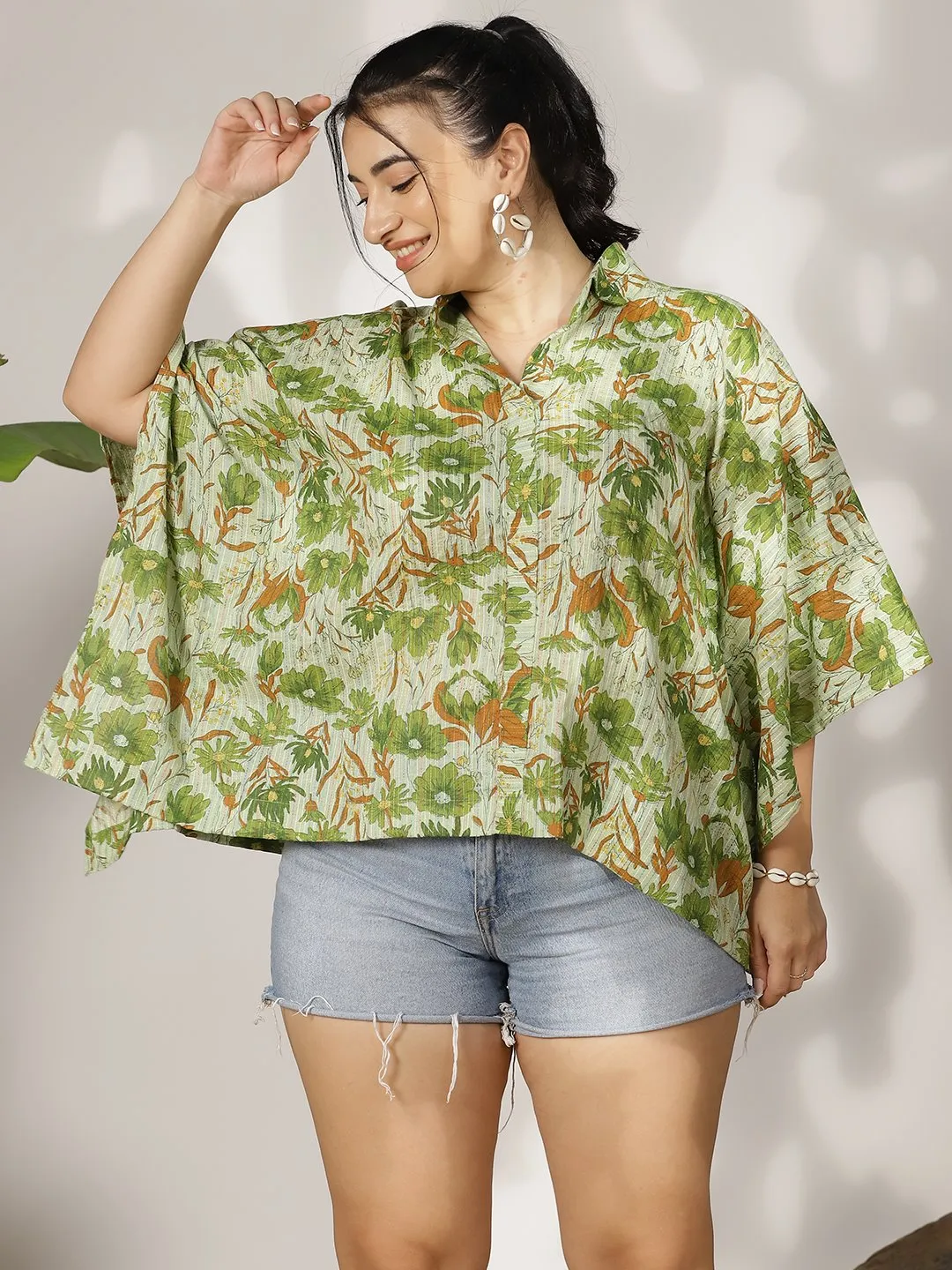 GreenFloral Cotton Kaftan Top